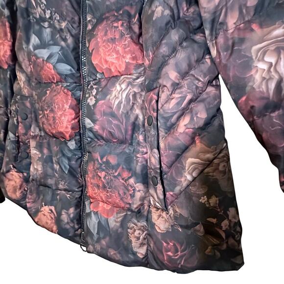 Athleta Downtown Puffer Jacket Black Floral Full Zip Down Fill Funnel Neck Sz M - Picture 8 of 16